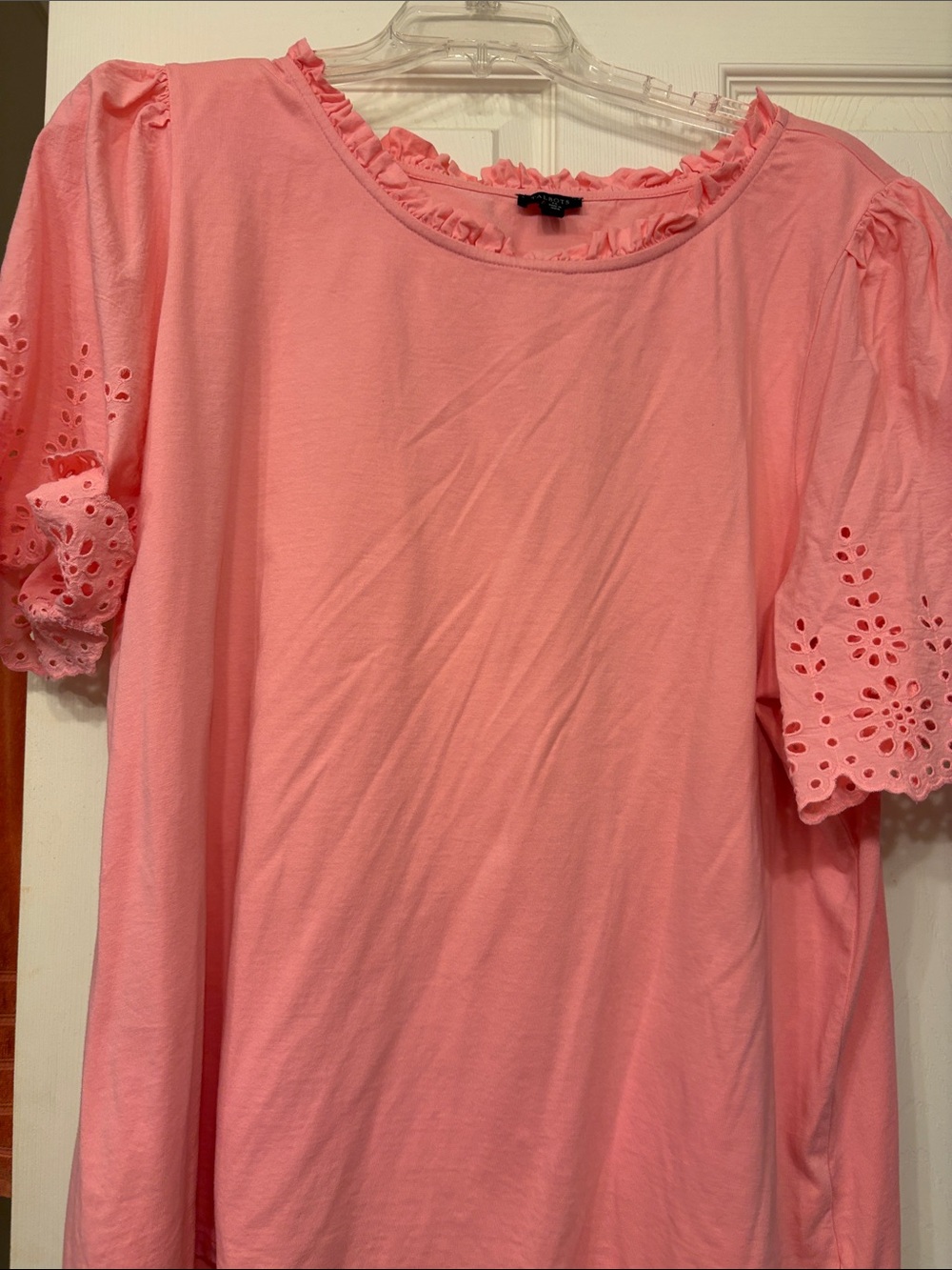 Talbots Coral Pink Eyelet Sleeve Ruffled Neck Top